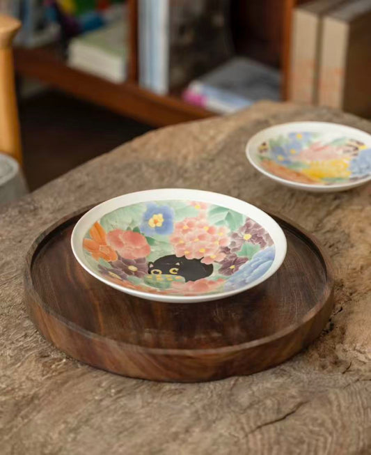 Noir Cat Garden – Hand-Painted Floral Dinner Plate