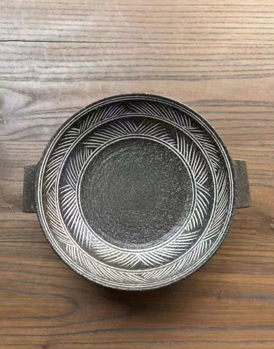 Rustic Stripe Duo – Handmade Two-Handle Serving Plate