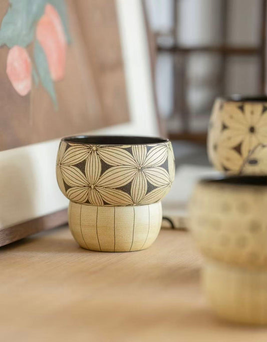 Ember Geometry – Hand-Carved Gourd Pattern Ceramic Cup