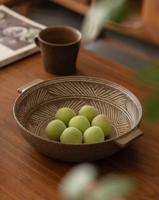 Rustic Stripe Duo – Handmade Two-Handle Serving Plate