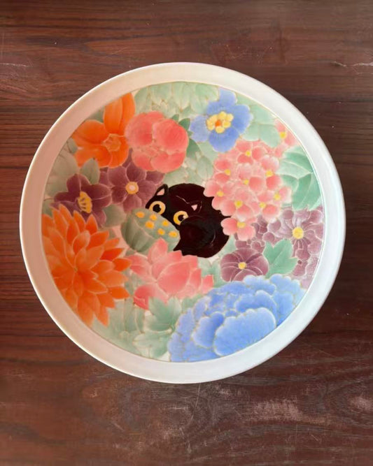 Noir Cat Garden – Hand-Painted Floral Dinner Plate